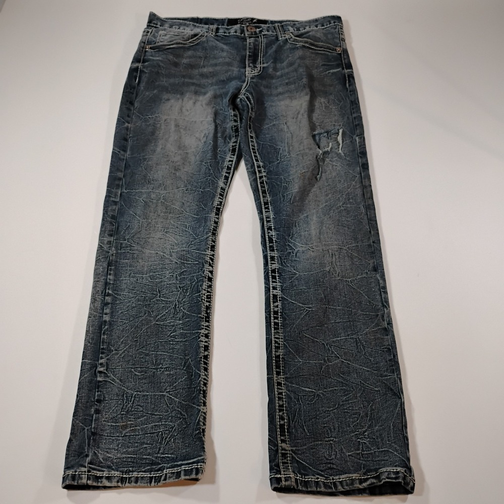 True Luck Men's Size 34 x 32 Medium/Light Wash Blue Jeans Embroidered Distressed